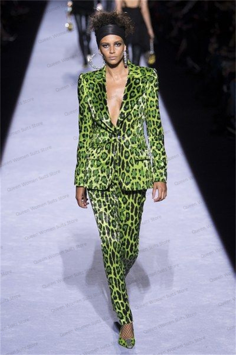Women Formal Wear Trousers - Sequins Leopard Women Suit Set Blazer+Pants