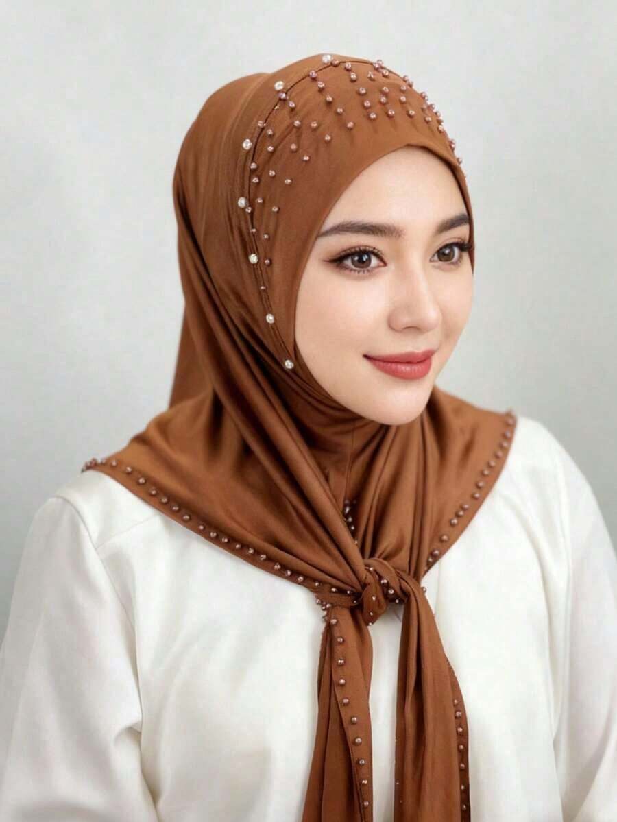 Women Formal Wear Hijab - Elegant Women Solid Color Faux Pearl