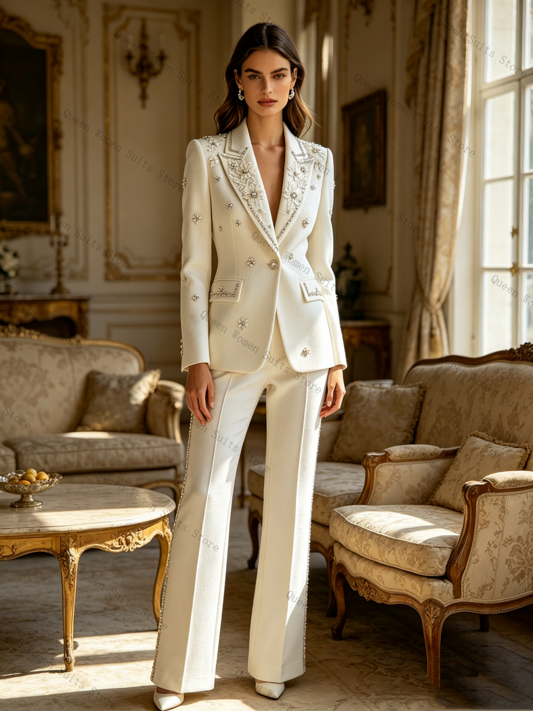 Women Formal Wear Trousers - White Crystals Women Suit Set 2