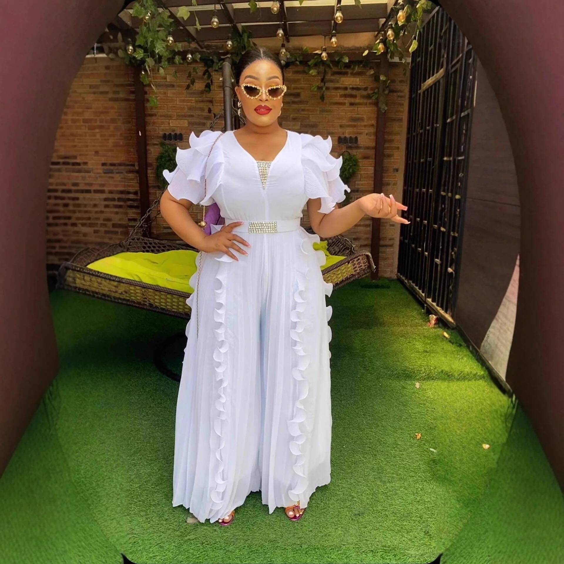 Women Formal Wear For Summer - Plus Size Women's V-neck Ruffle Jumpsuit