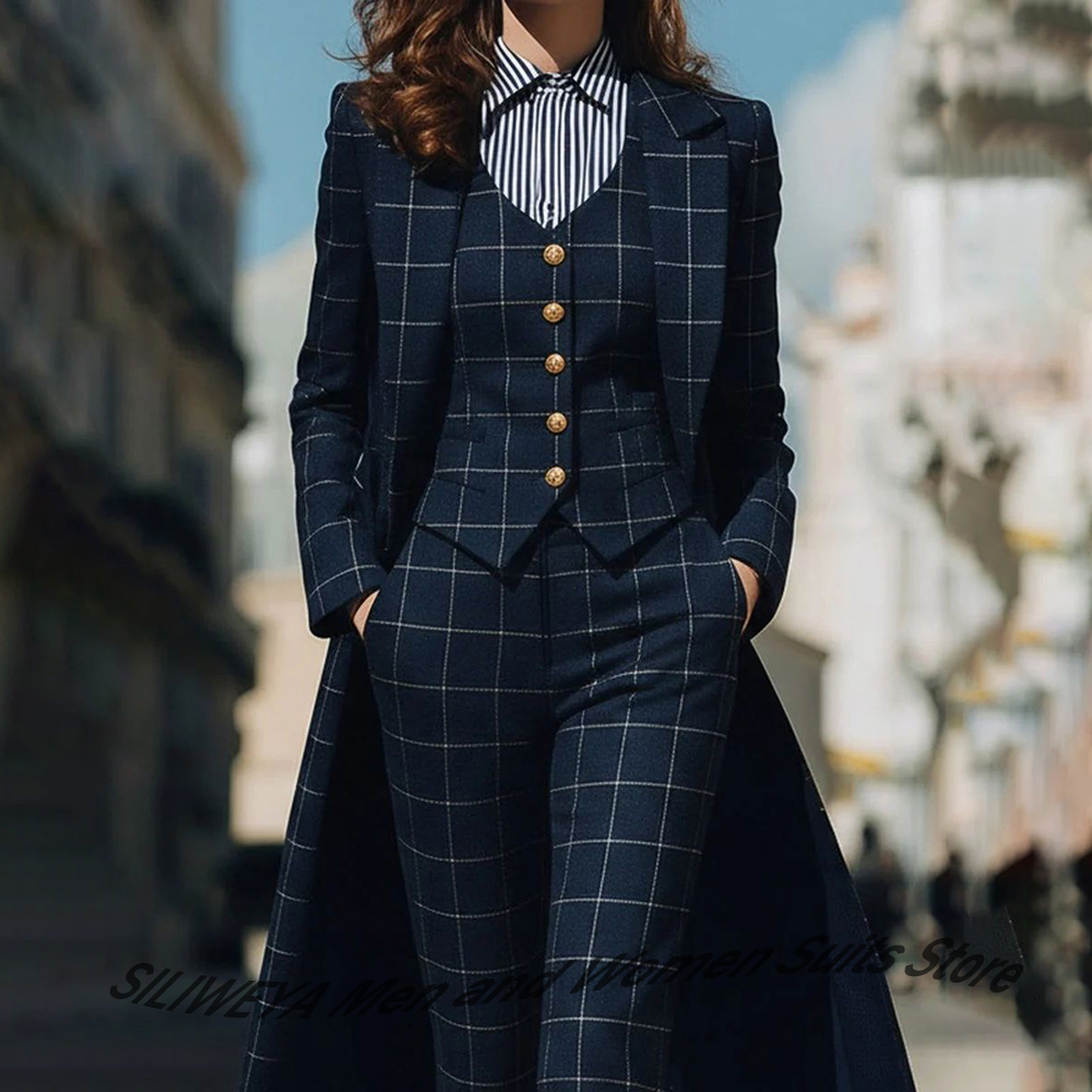 Women Formal Wear Vest - Sophisticated Navy Blue Women's Plaid Blazers