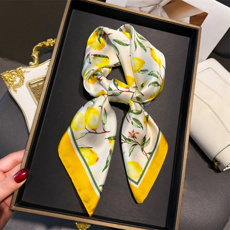 Scarf Silk Neck - 70cm Square Lemon Print Yellow Square