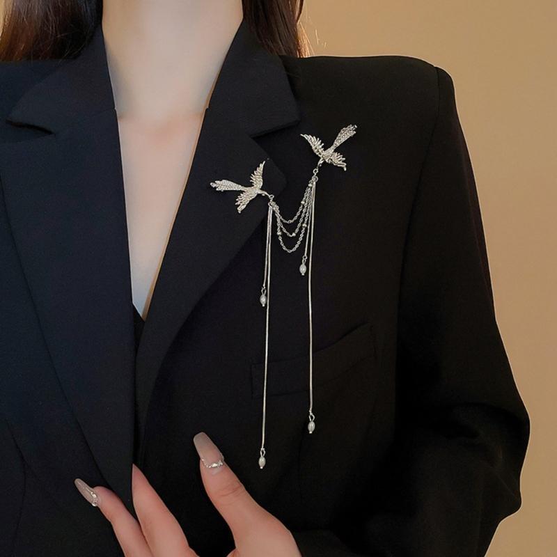 Women Formal Wear Ethnic - Exquisite Double Phoenix Tassel Brooch, Silver-Tone