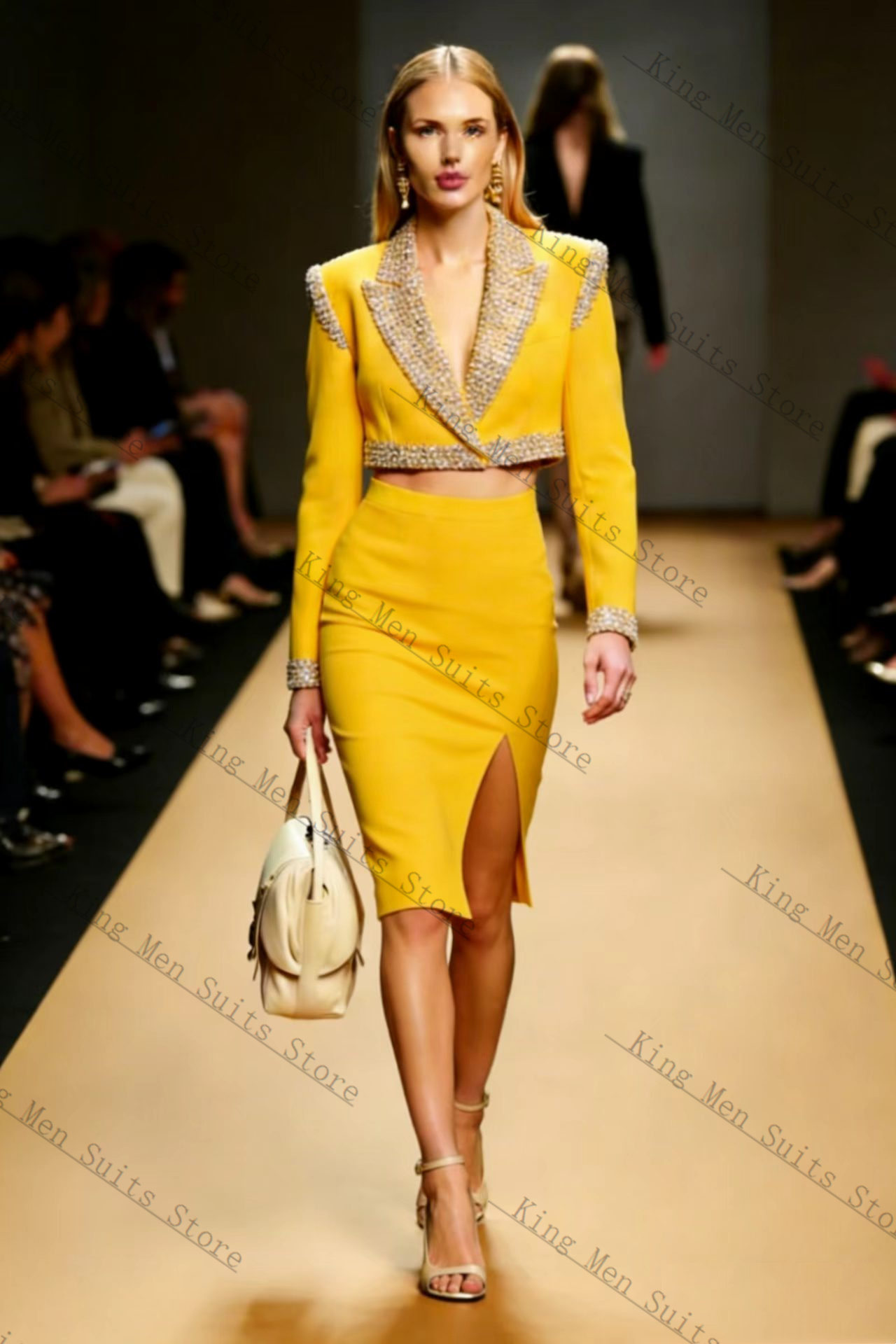 Women'S Formal Wear For Wedding Guest - Yellow Crystals Women Suit Skirt Set