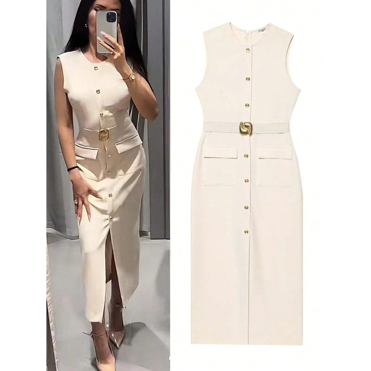 Women Formal Wear Tailor - Woman‘s Sleeveless Crew-neck Solid-color Waist-cinched Dress