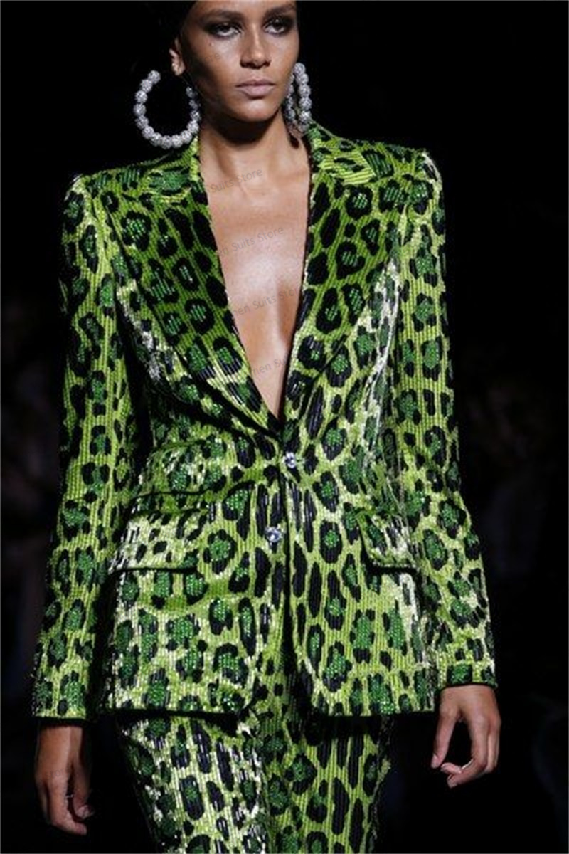 Sequins Leopard Women Suit Set - Women Formal Wear Trousers บทวิจารณ์และราคา
