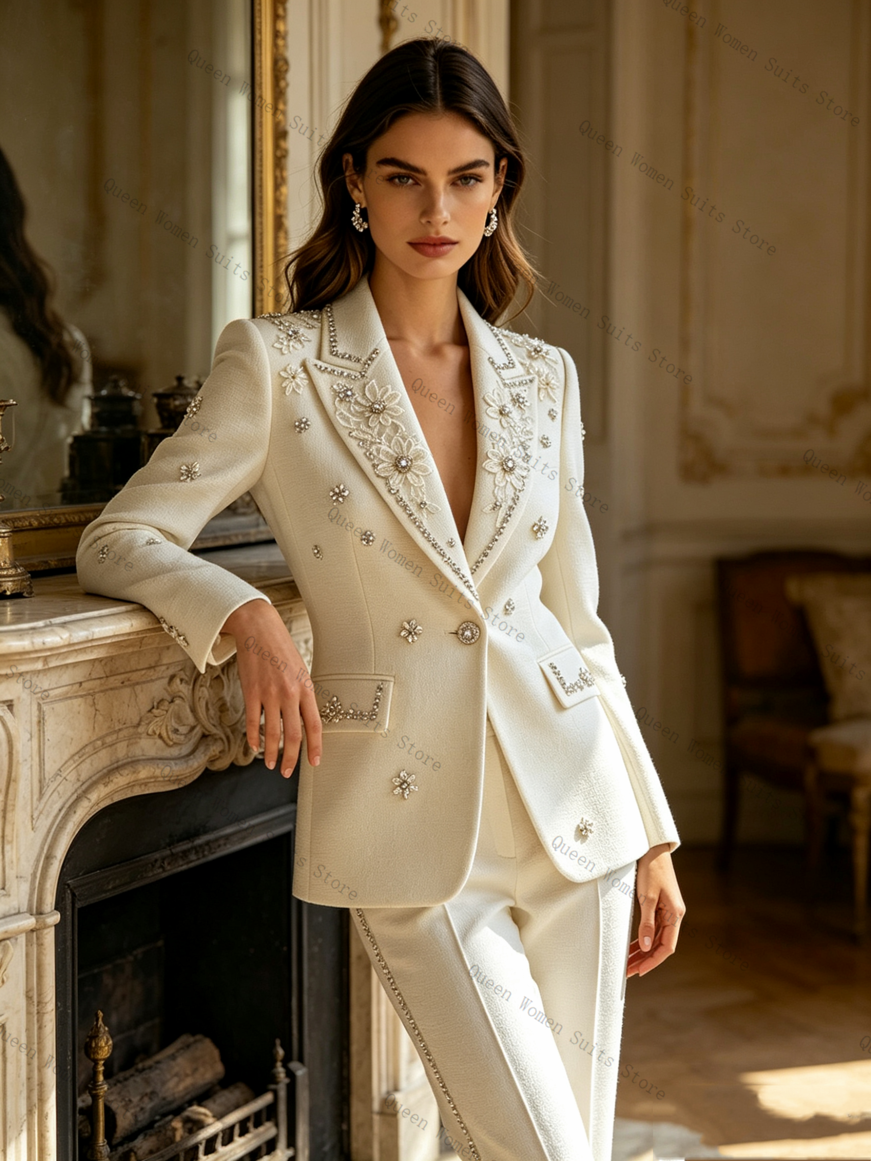 White Crystals Women Suit Set  - Women Formal Wear Trousers บทวิจารณ์และราคา