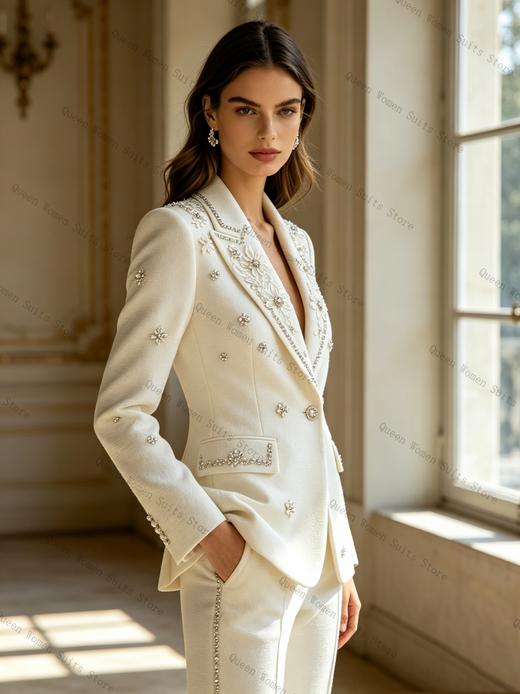 White Crystals Women Suit Set  - Women Formal Wear Trousers บทวิจารณ์และราคา