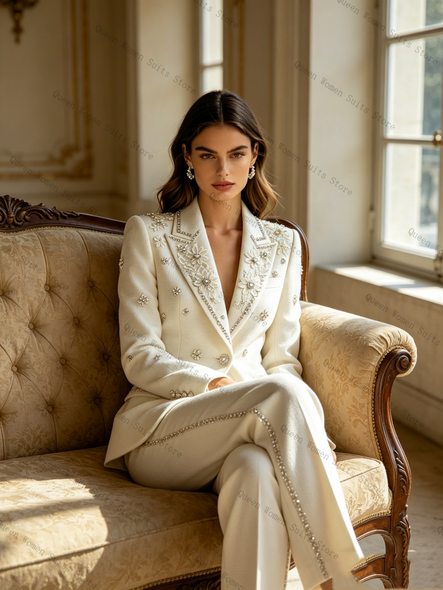 White Crystals Women Suit Set  - Women Formal Wear Trousers บทวิจารณ์และราคา
