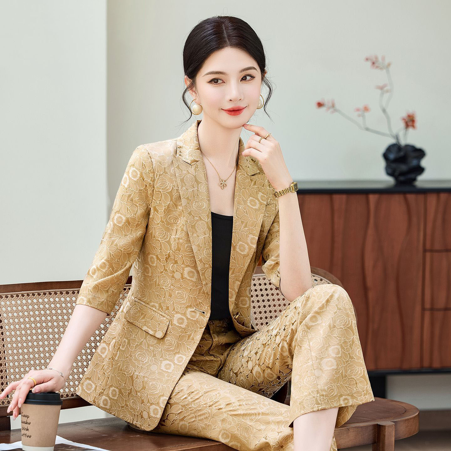 Fashion Apricot Half Sleeve Pr - Women Formal Wear Trousers บทวิจารณ์และราคา