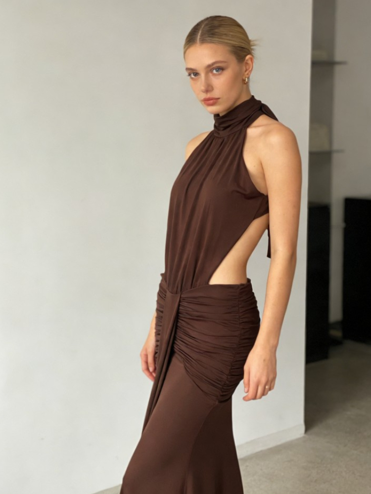 Brown high neck backless long  - Women Formal Wear Online บทวิจารณ์และราคา