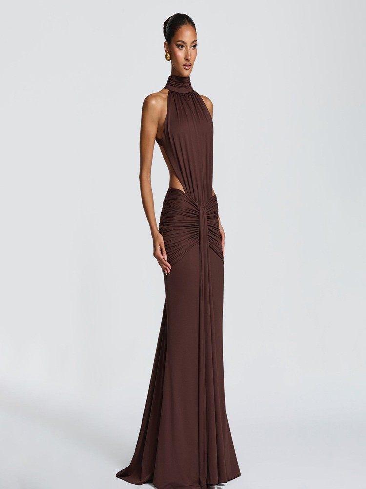 Brown high neck backless long  - Women Formal Wear Online บทวิจารณ์และราคา