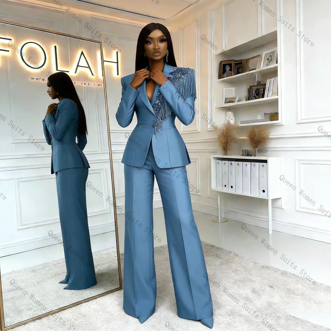Tassel Blue Women Suit Pants S - Women Formal Wear Trousers บทวิจารณ์และราคา