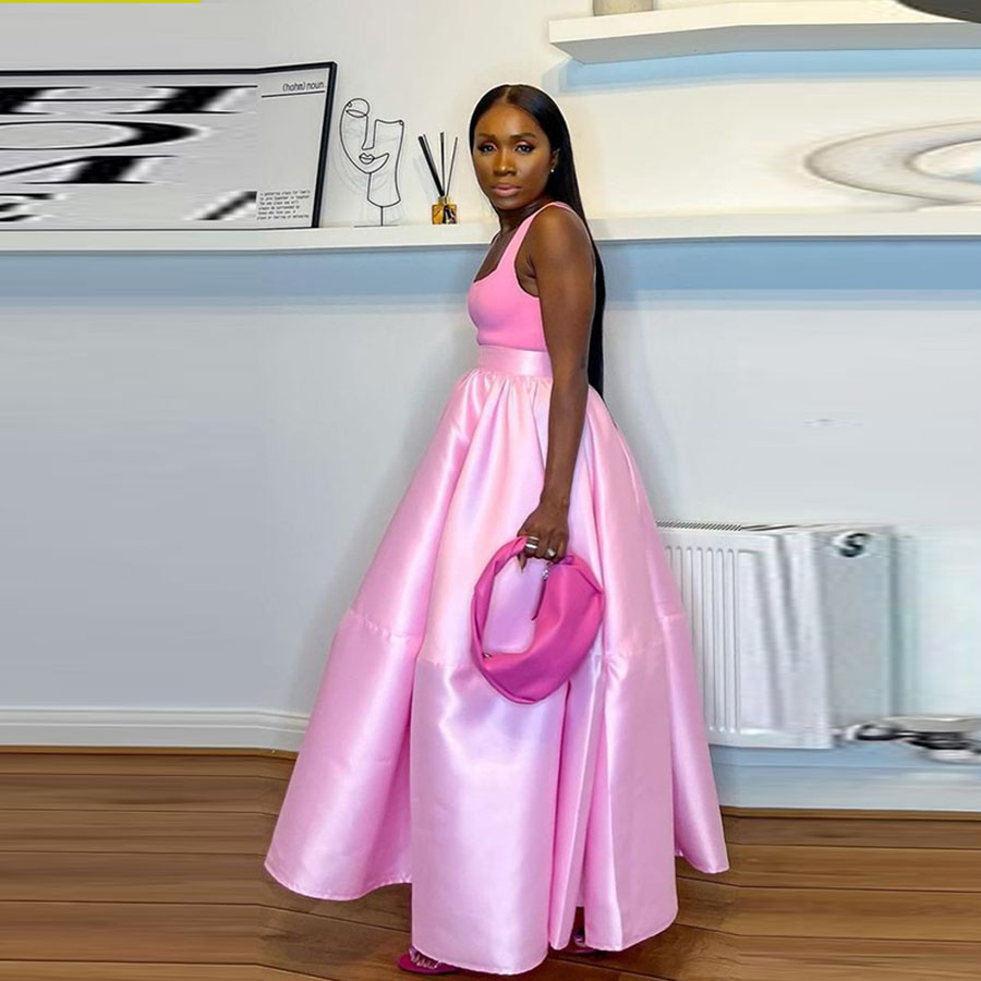 Pink Long Skirts Satin A Line  - Women'S Formal Wear For Wedding Guest บทวิจารณ์และราคา