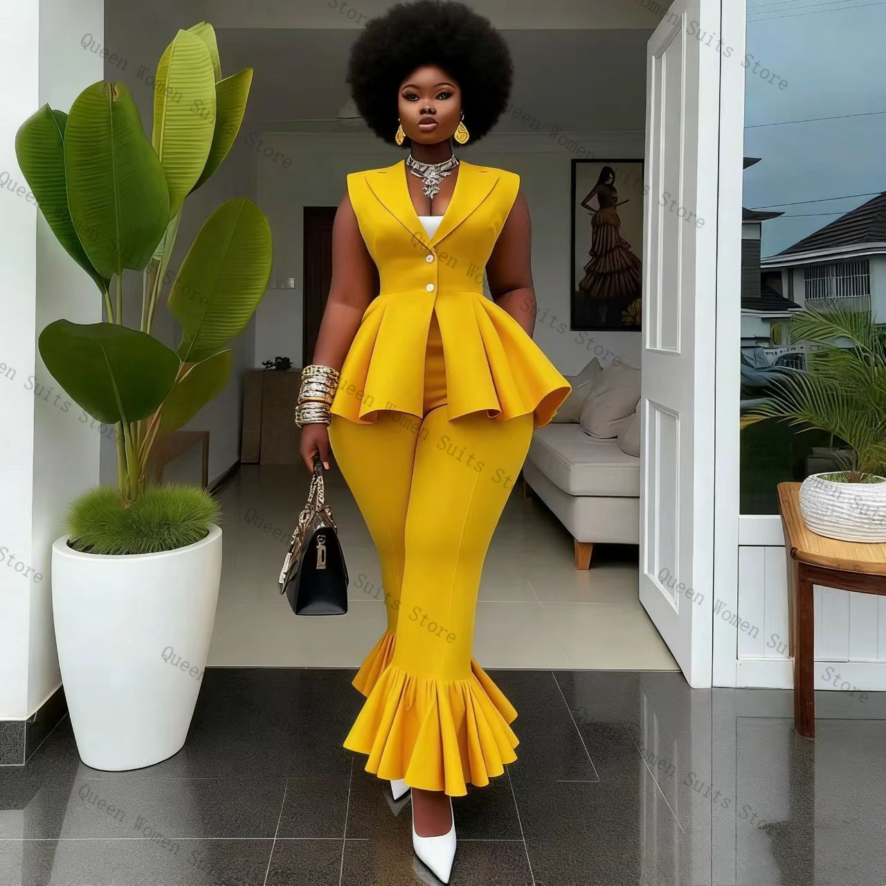Yellow Women Suit Pants Set 2  - Women Formal Wear Vest บทวิจารณ์และราคา