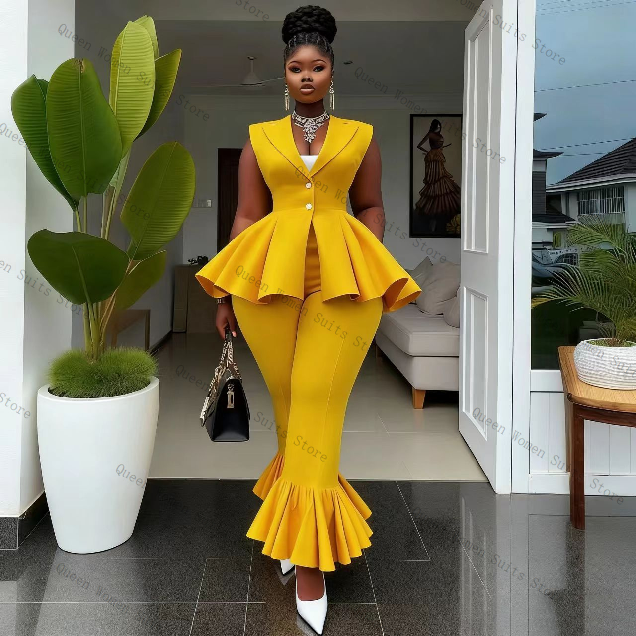 Yellow Women Suit Pants Set 2  - Women Formal Wear Vest บทวิจารณ์และราคา