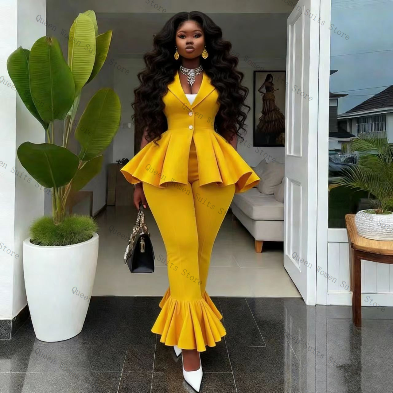 Yellow Women Suit Pants Set 2  - Women Formal Wear Vest บทวิจารณ์และราคา