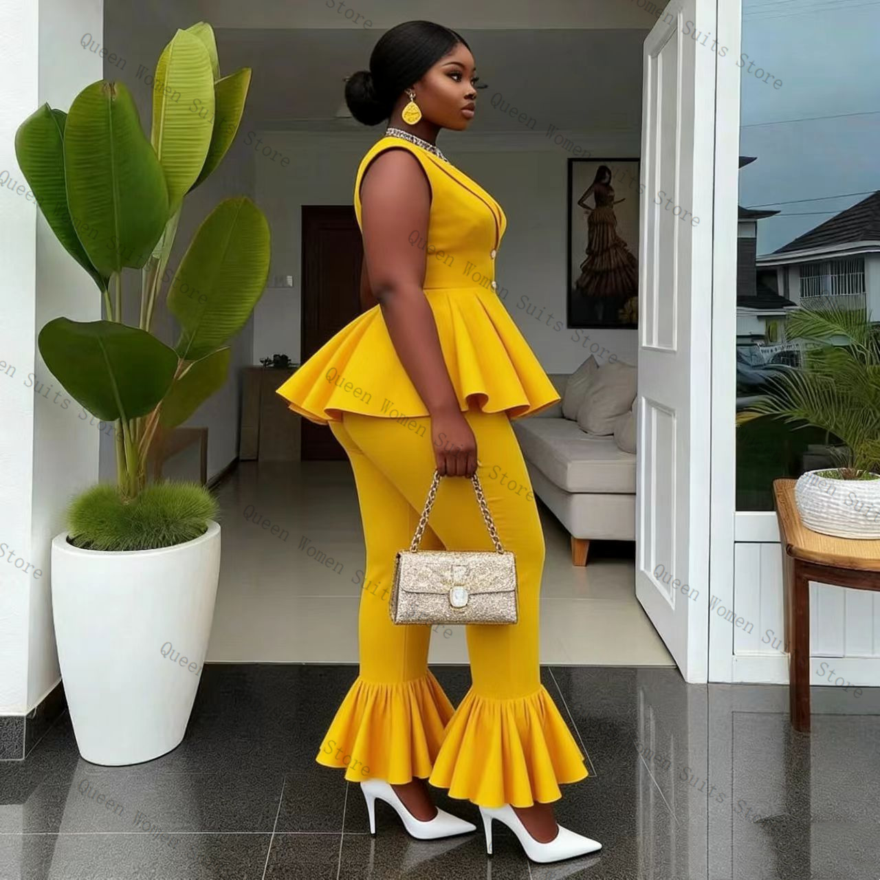 Yellow Women Suit Pants Set 2  - Women Formal Wear Vest บทวิจารณ์และราคา