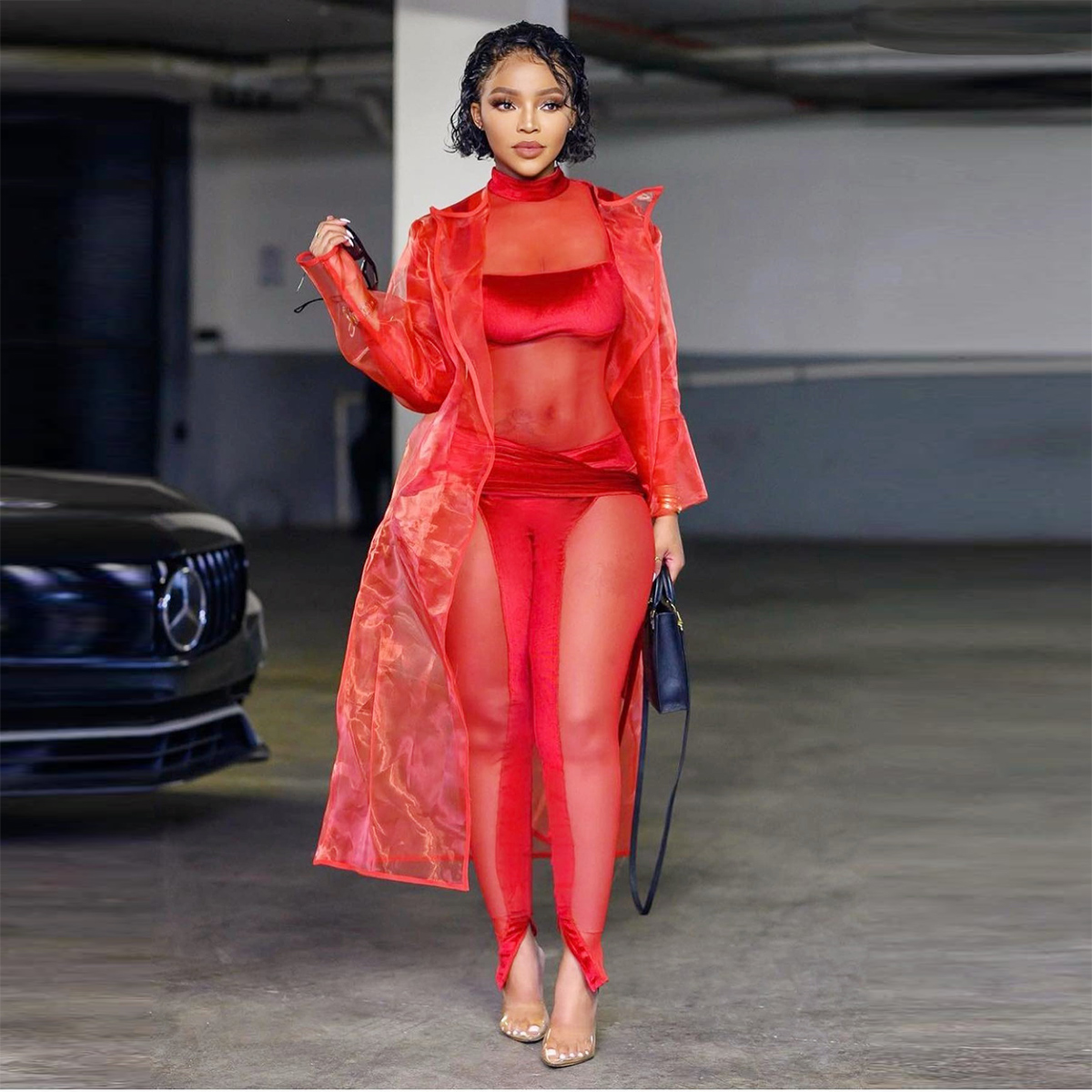 Red Organza See Through Long C - Women Formal Wear Vest บทวิจารณ์และราคา